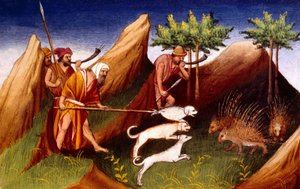 Ms Fr 2810 f.18, Stekelvarkenjacht in Badakhehan, uit Livre des Merveilles du Monde, c.1410-12 door French School
